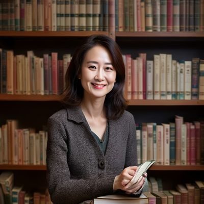 林晓雯，足交小说网创始人兼主编，坐在书架前微笑，背景是整齐排列的文学书籍，气质沉稳专注，体现深厚的文学素养