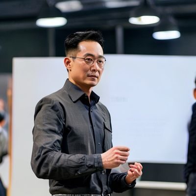 陈默远，足交小说网内容总监，站在白板前讲解内容策略，神情专注投入，展现出丰富的内容运营经验与领导力